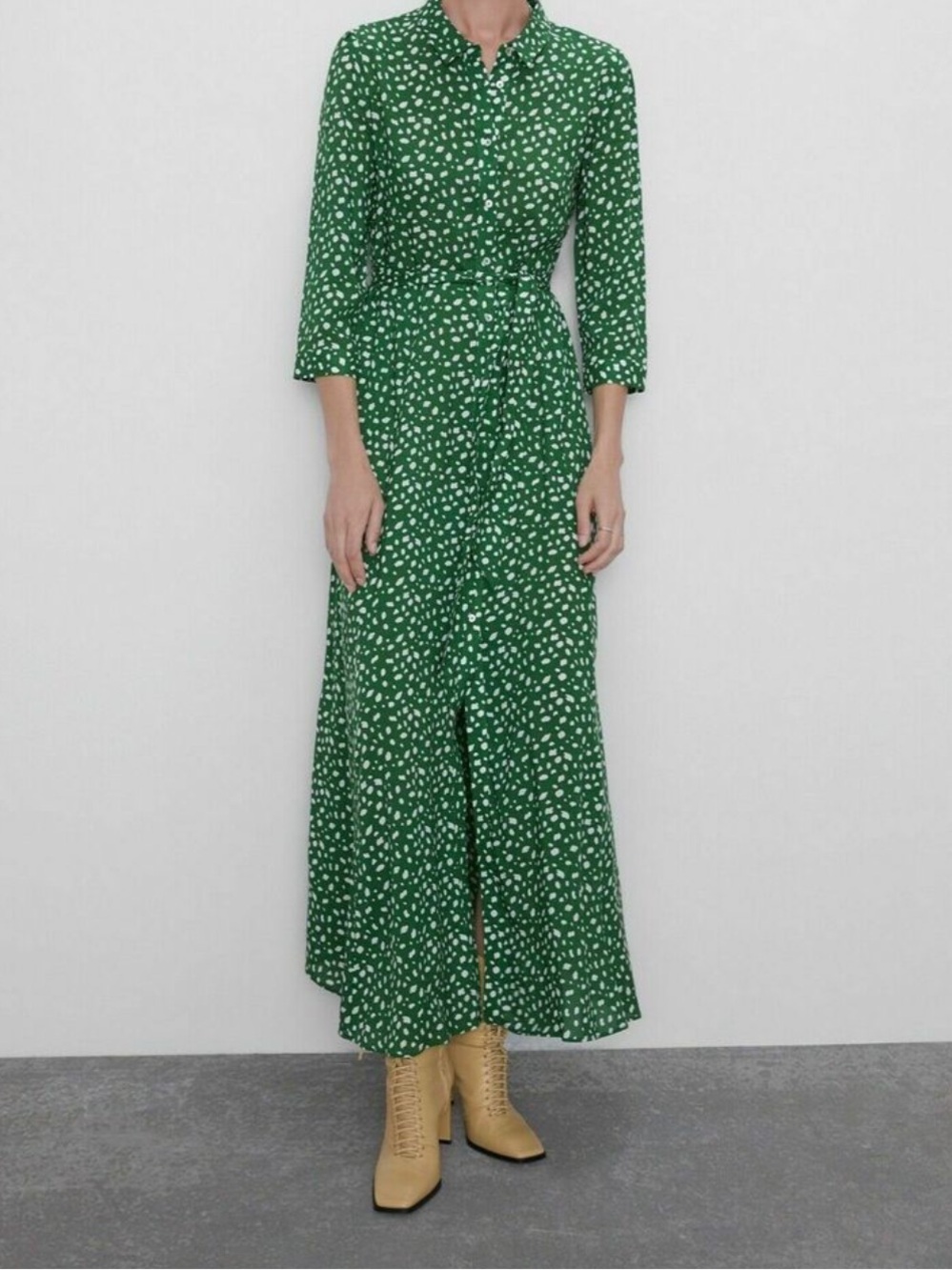 Zara Green Maxi Shirt Dress with White Speckle Print Size Medium
